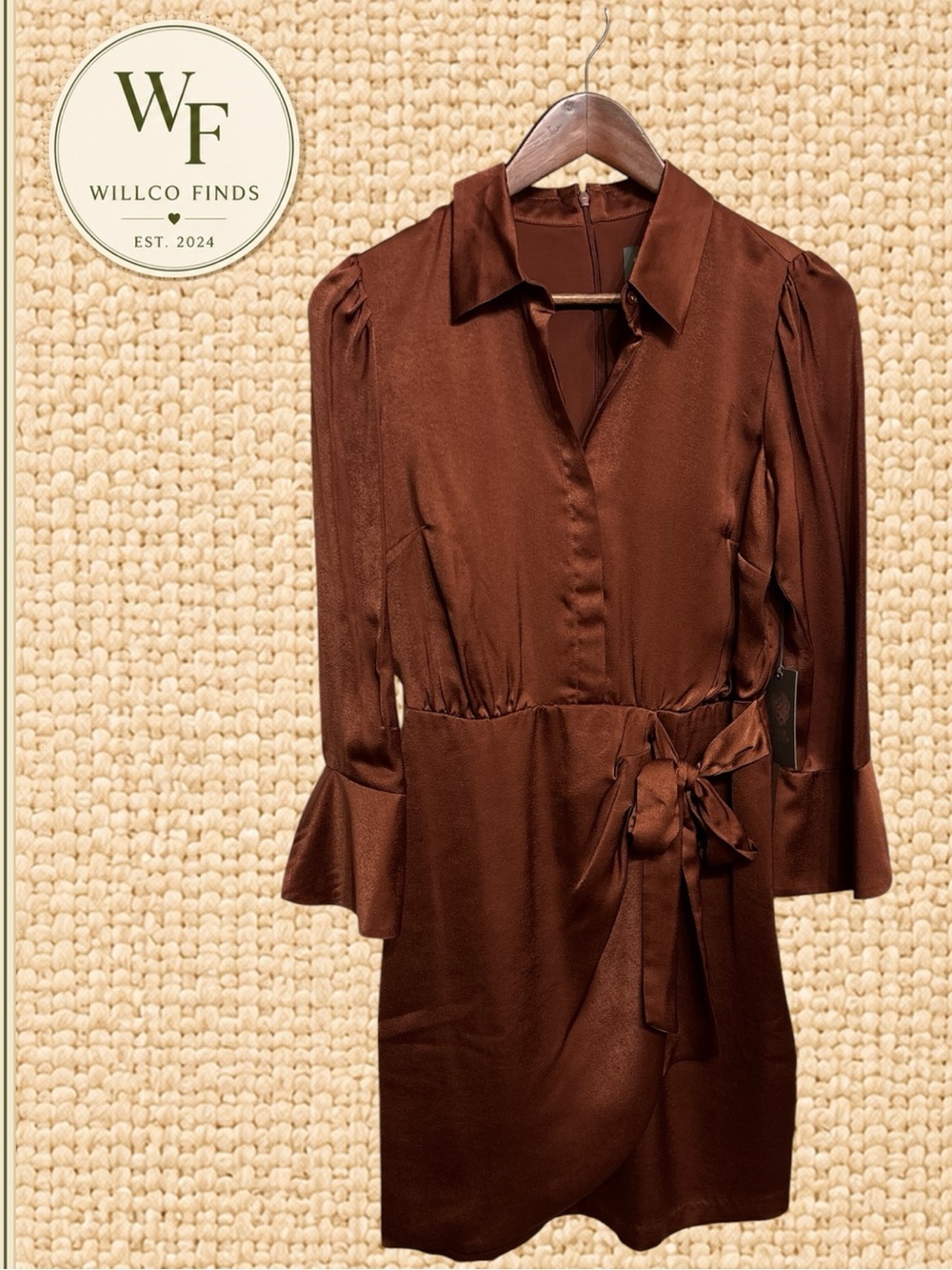 NWT Vince Camuto Brown Satin Shirt Dress Size 4 Belted Puff Sleeve $148